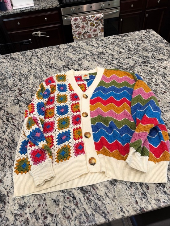 FARM Rio Sweaters - FARM Rio Multicolor Crochet Cardigan with Cream Trim